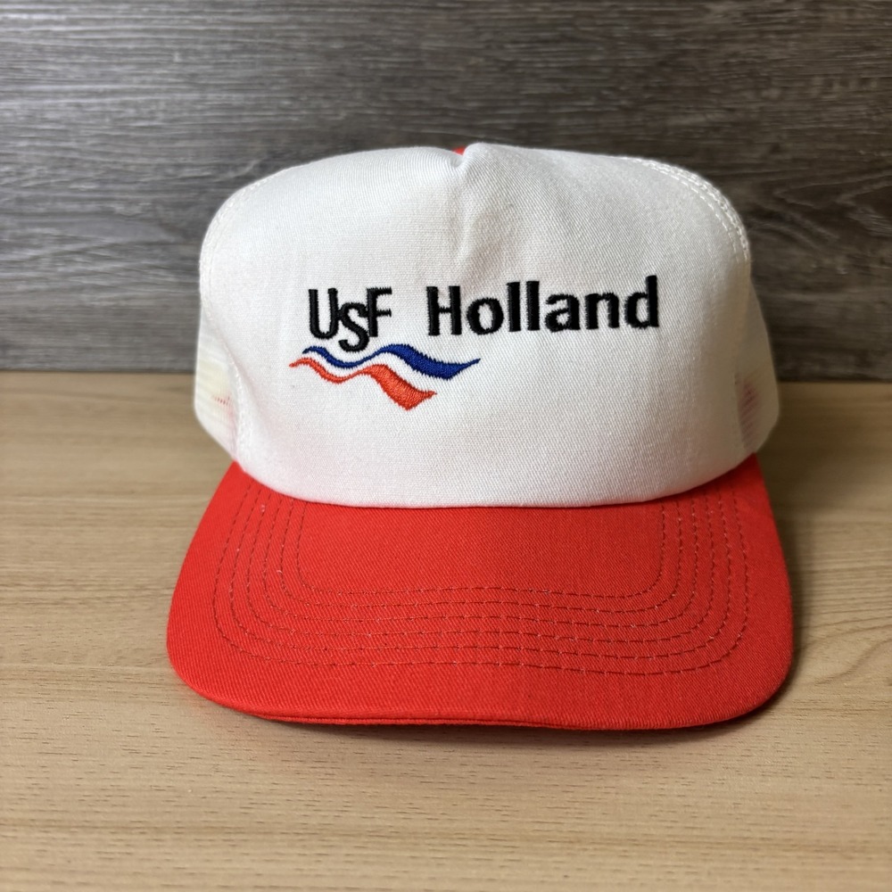 VINTAGE USF Holland Hat Cap Snap Back White Red Mesh Trucker K-Products Mens 90s